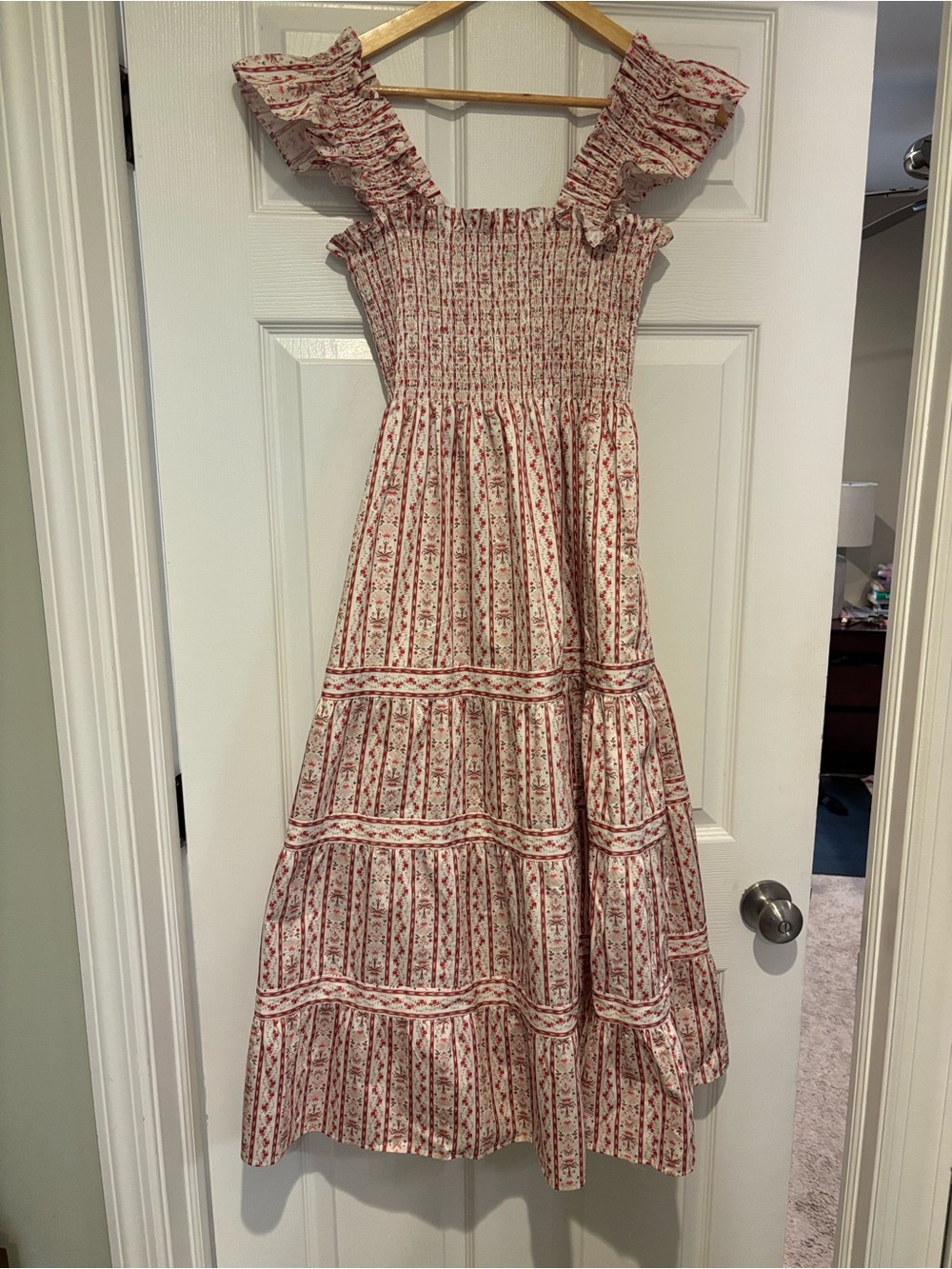 Hill house Smocked Floral Ruffle Strap women’s Dress in Cream and Red